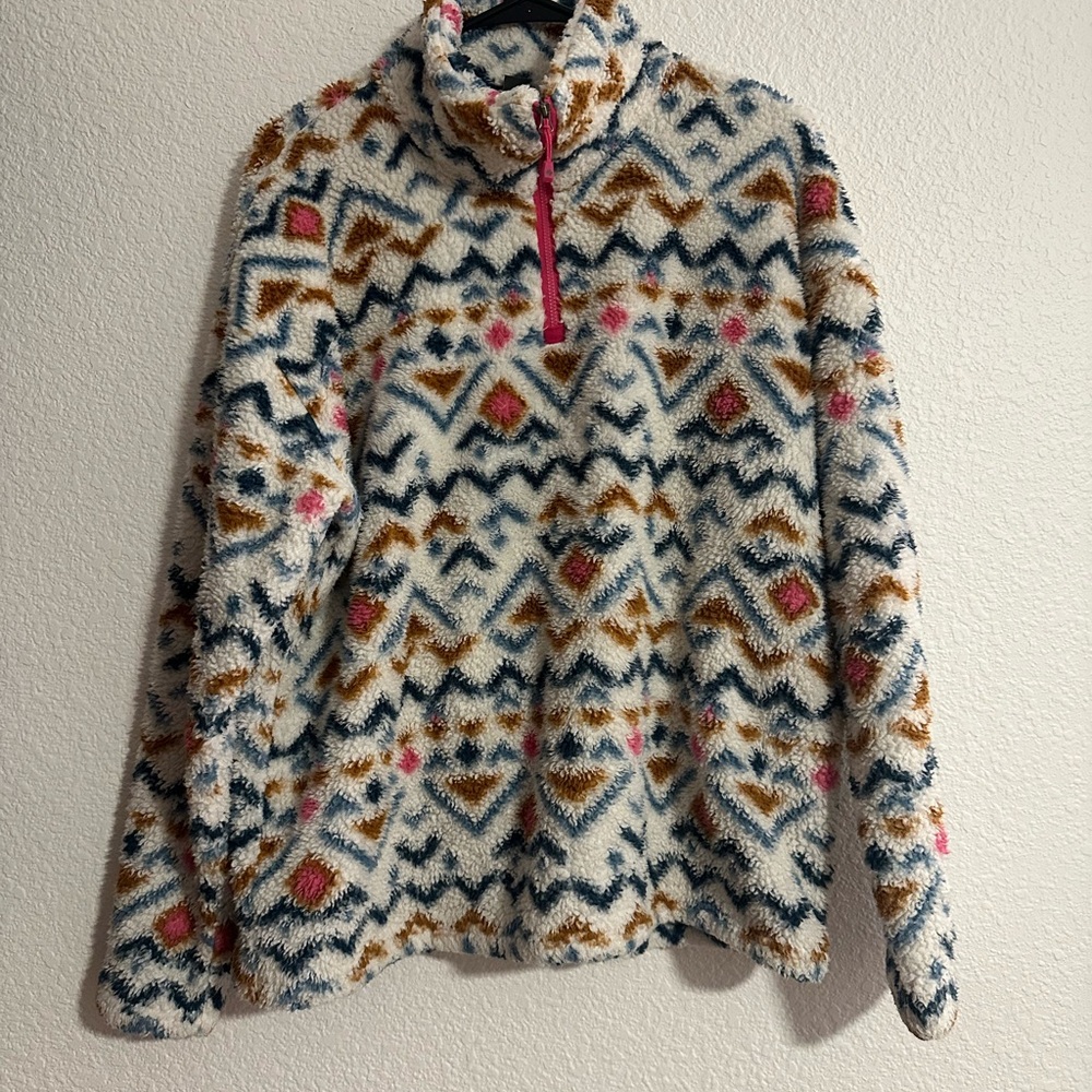 Eddie Bauer Women's Sherpa Fleece Pullover Jacket Aztec Print Pink Zipper‎ XL